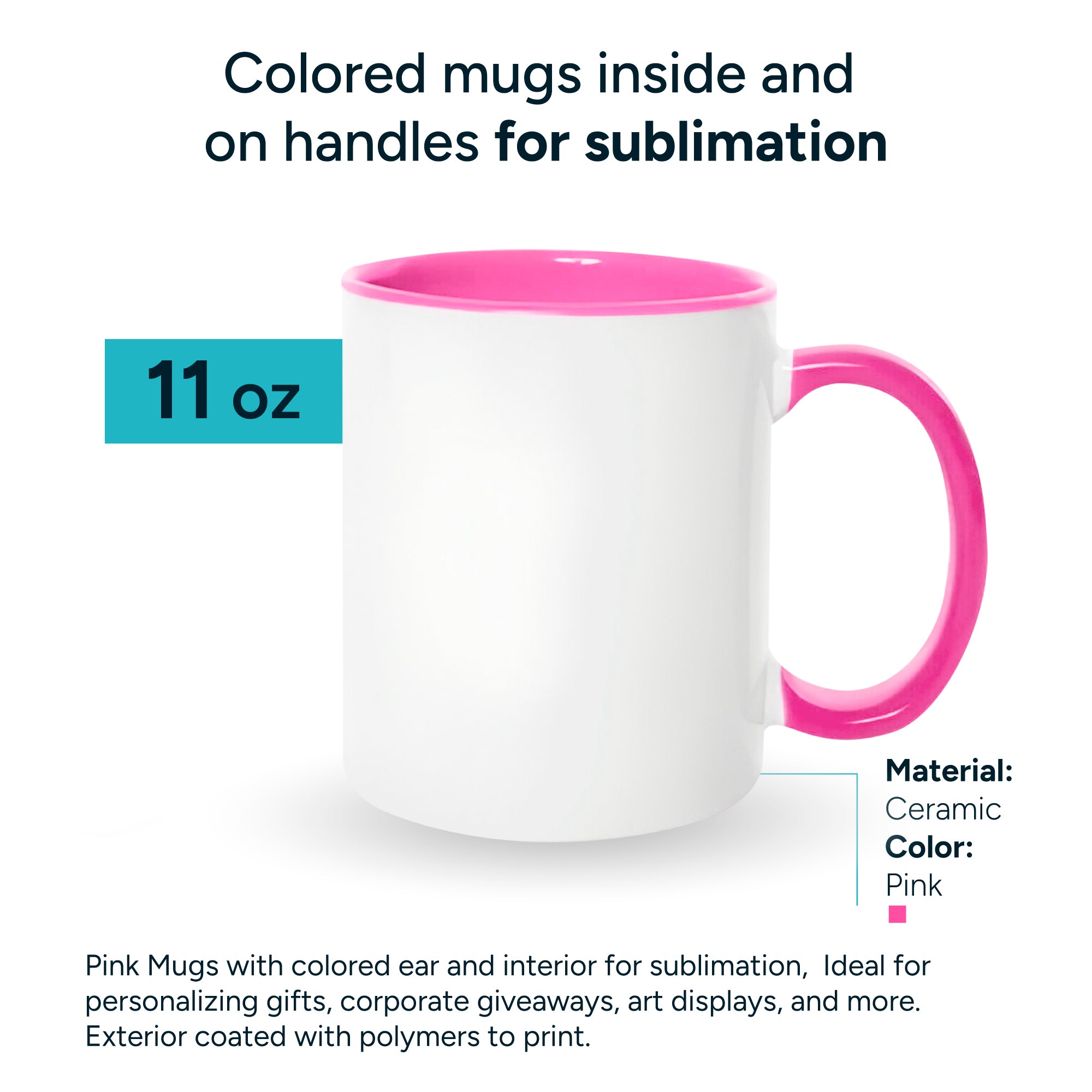 Pink mugs inside and on handles for sublimation 11 oz