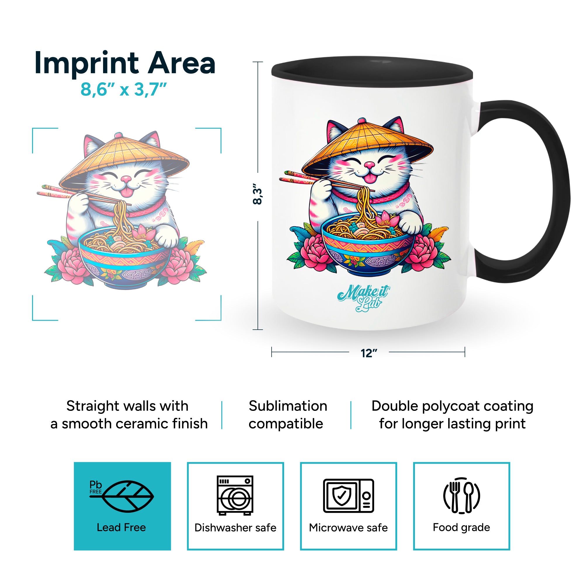 Black mugs inside and on handles for sublimation 11 oz