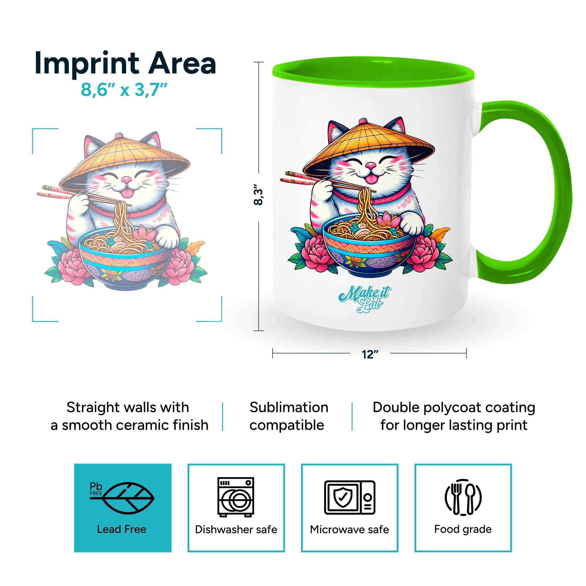 Light green mugs inside and on handles for sublimation 11 oz