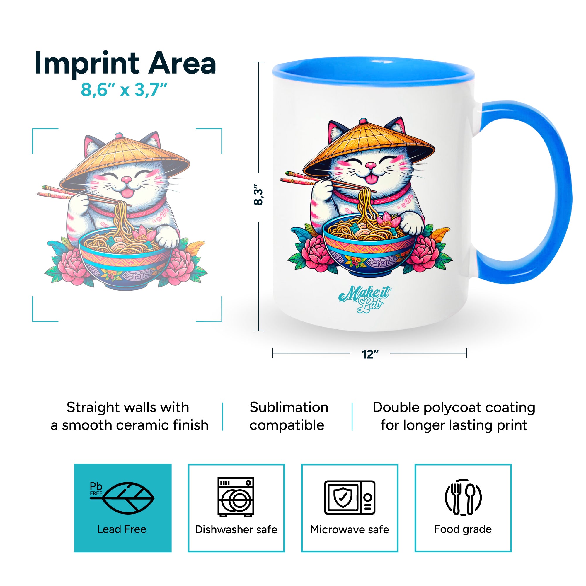 Light blue mugs inside and on handles for sublimation 11 oz